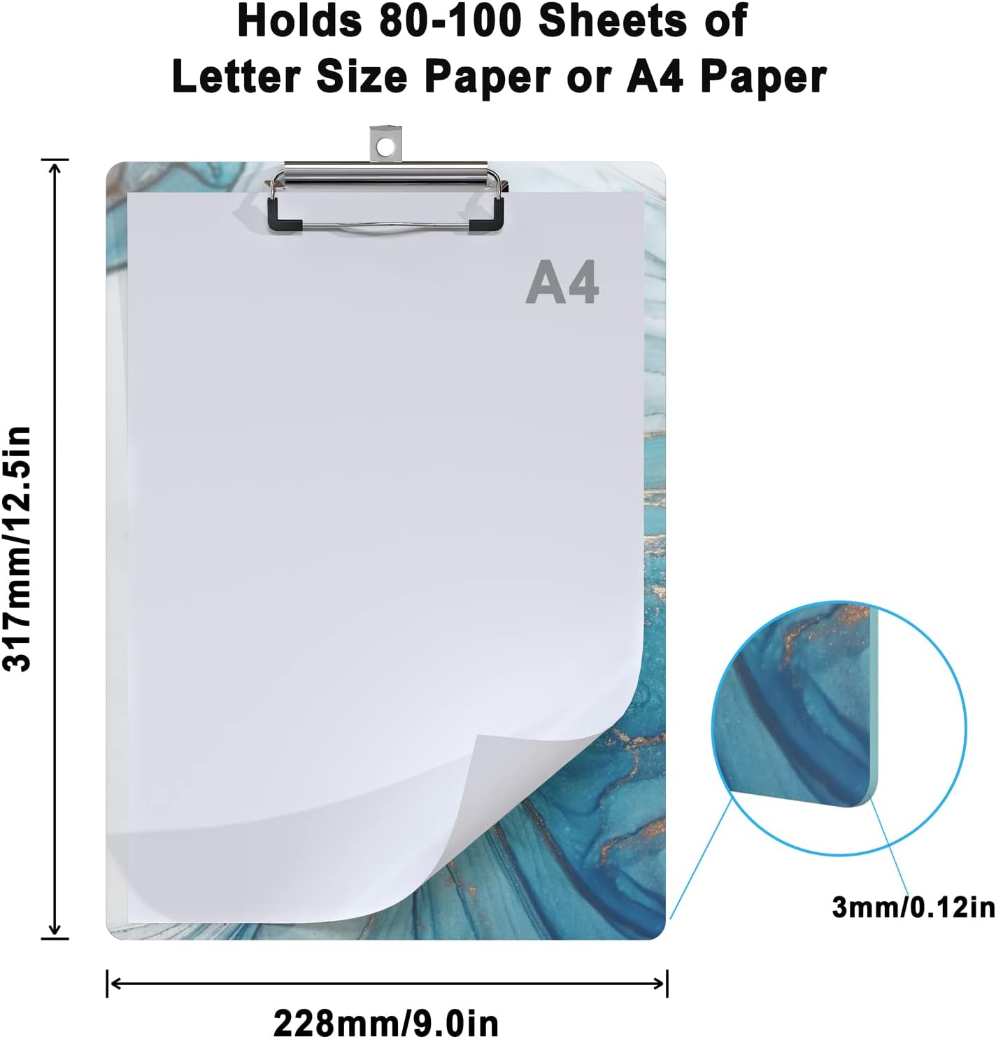 Clipboard Design Decorative Wood A4 Letter Size Clip Boards for Classroom Office, Standard Size 9" x 12.5" with Low Profile Metal Clip - Light Blue Marble