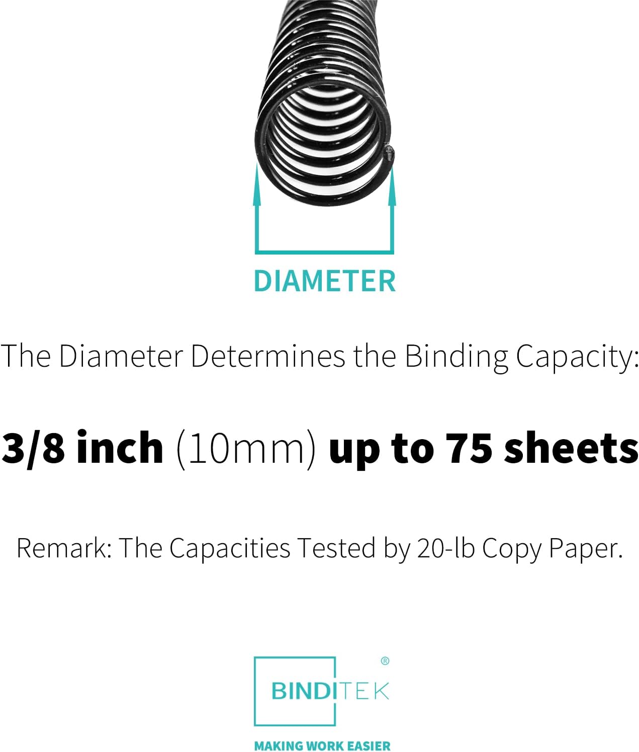 Binditek 50 Pack Plastic Spiral Binding Coils, 10mm(3/8"), 75 Sheet Capacity, 4:1 Pitch, Black, 48Loops, for Letter Size, for Students and Coworkers