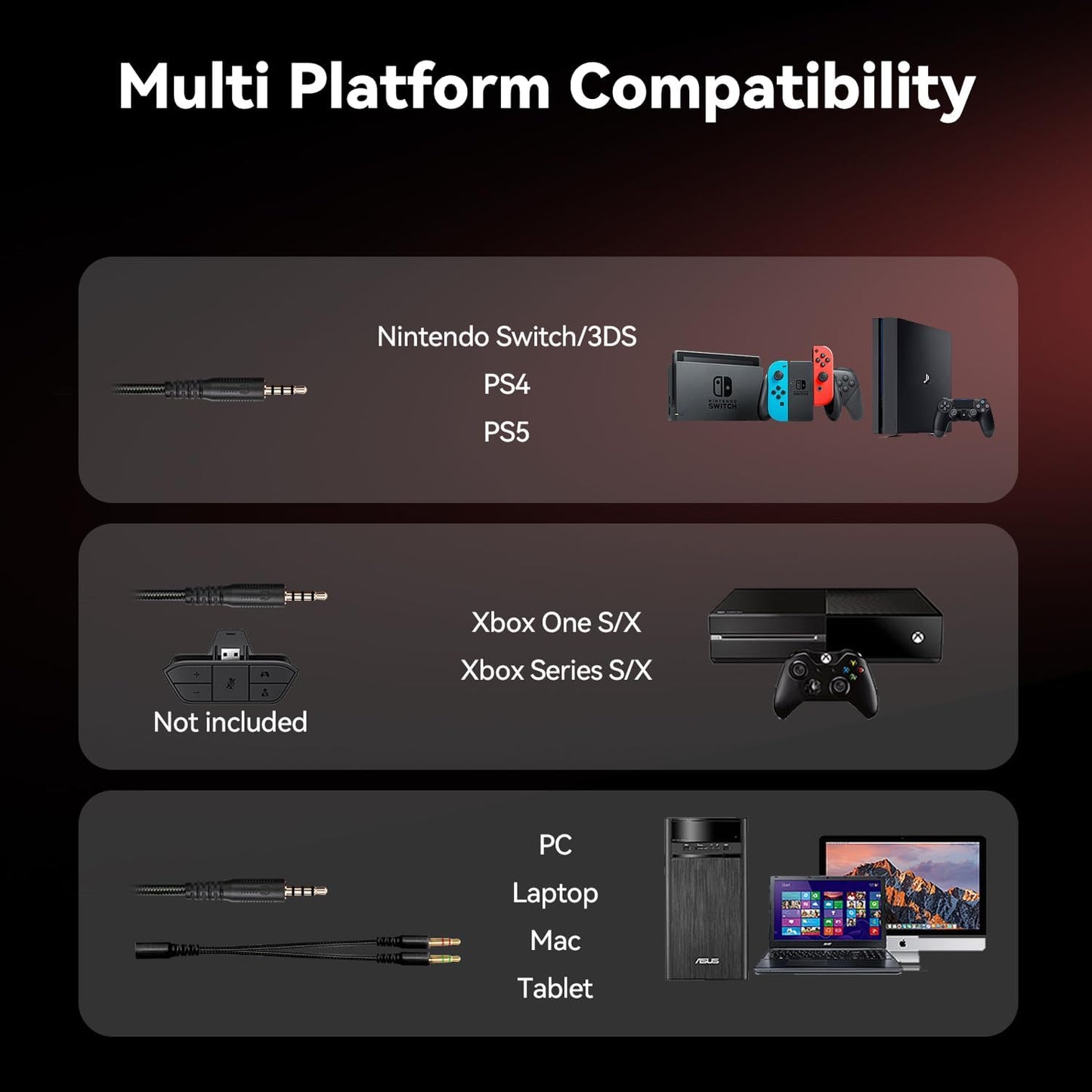 Gaming Headset with Microphone for Pc, Xbox One Series X/s, Ps4, Ps5, Switch, Stereo Wired Noise Cancelling Over-Ear Headphones with Mic, RGB, for Computer, Laptop, Mac, Nintendo, Gamer (Red)