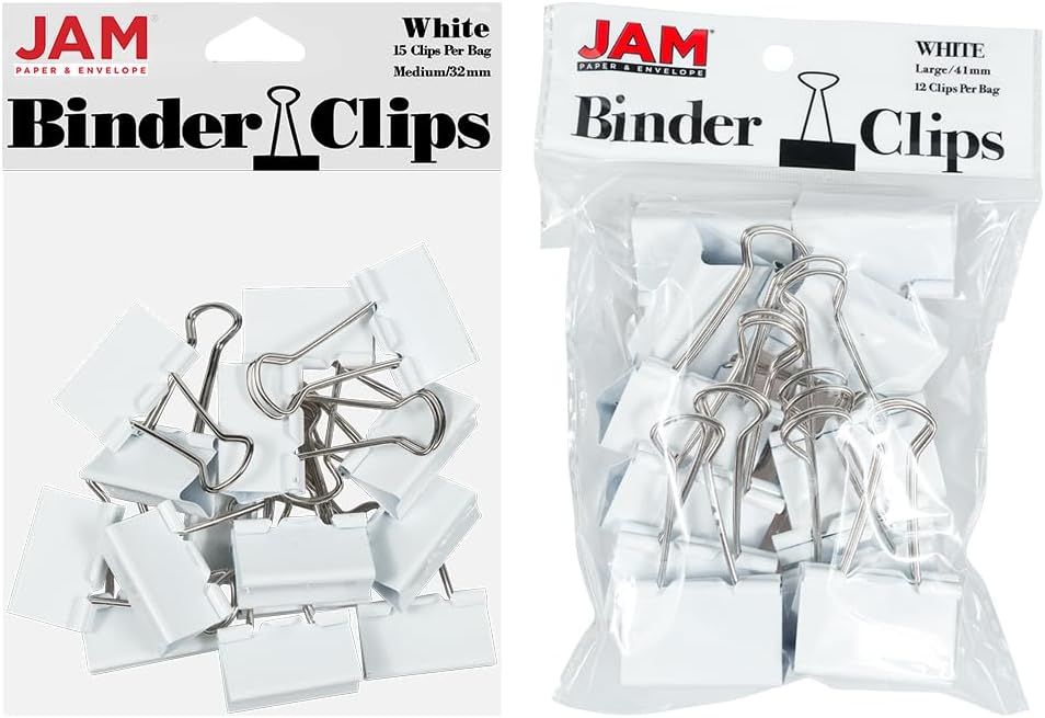 JAM PAPER Colorful Binder Clips Assortment - Medium & Large Size - White Binderclips - 27 Clips/Pack