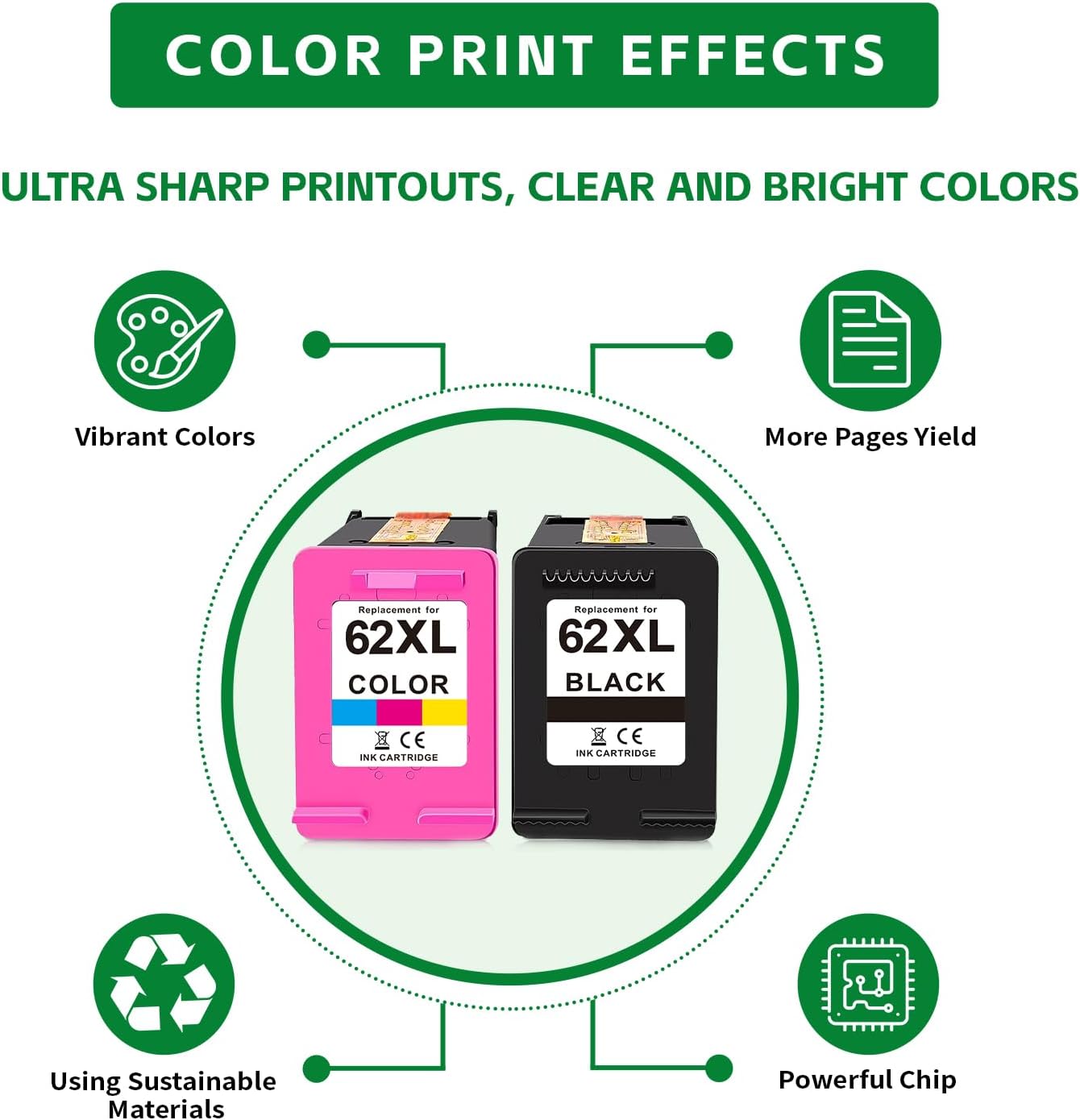 Replacement for HP 62xl Ink Cartridge Combo Pack - High Yield Ink Cartridges Compatible for hp Ink 62, Envy 5540 7640 7645 5660 OfficeJet 200 250 5740 Ink, Black, Tri-Color, 2 Pack