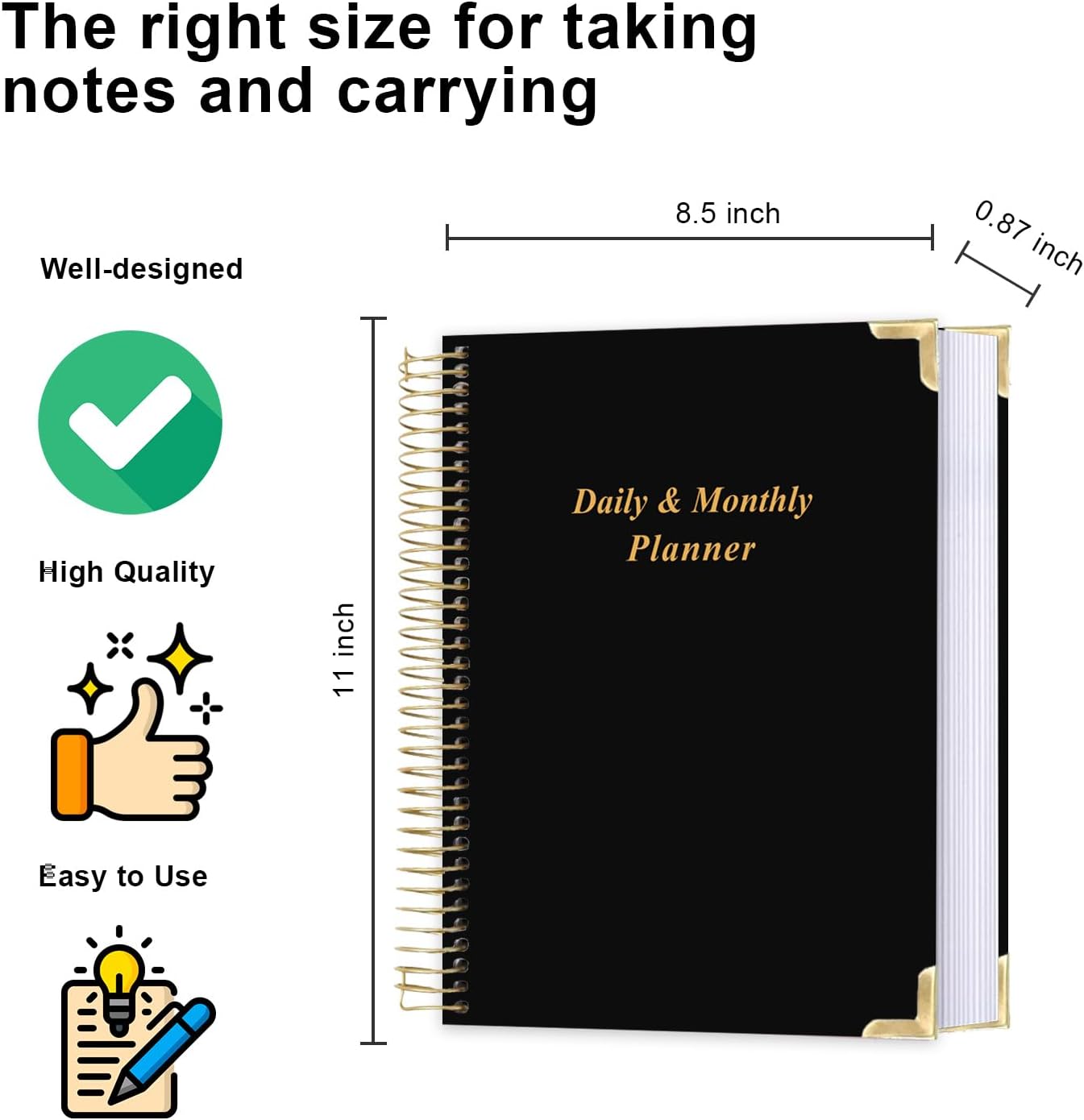 Undated Daily Monthly Planner for 2025 2026 - A4 To Do List with Hourly Schedule, Hardcover Spiral Bound Daily Planner to Increase Focus, Stylish School/Office Supplies, 8.5" x 11", Black