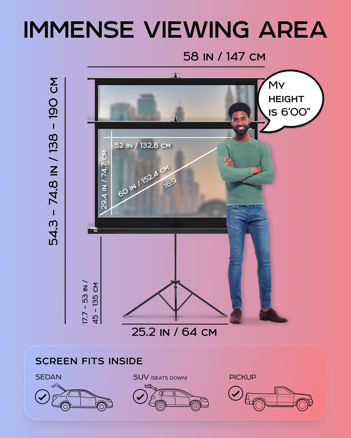 Projector Screen with Stand 60 inch - Indoor and Outdoor Projection Screen for Movie or Office Presentation - 16:9 HD Premium Wrinkle-Free Tripod Screen for Projector with Carry Bag and Tight Straps