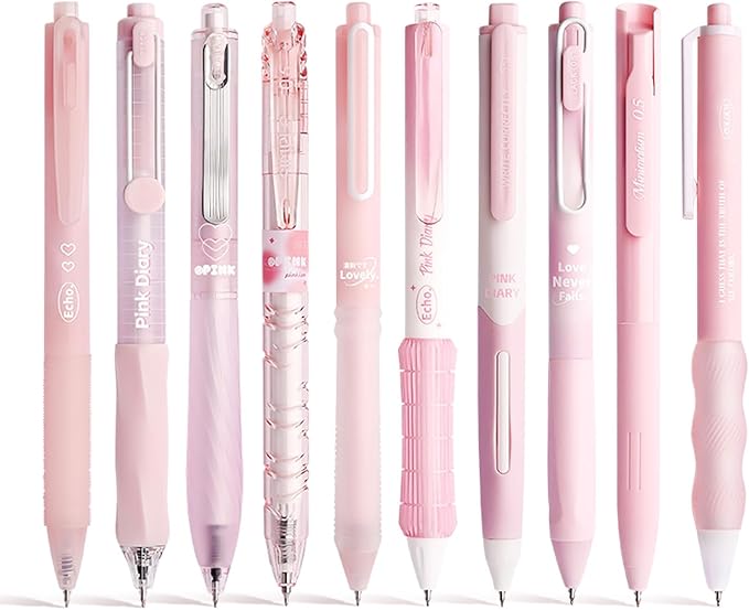 10 Count Pastel Gel Ink Pen Set,Cute Note Taking 0.5mm Fine Point Retractable 10 Count Black Ink Pens with for Writing, Journaling, School, Office (Pink)