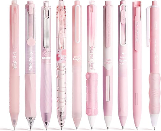 10 Count Pastel Gel Ink Pen Set,Cute Note Taking 0.5mm Fine Point Retractable 10 Count Black Ink Pens with for Writing, Journaling, School, Office (Pink)