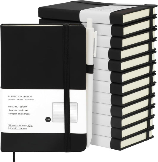 Coopay 12 Pack A6 Pocket Small Notebook with 12 White Pens Bulk Classic Hardcover Leather Journal Set with Pen Holder for Men Women Writing, Office, Home, School, Business, 100GSM, 3.5” x 5.5”, Black