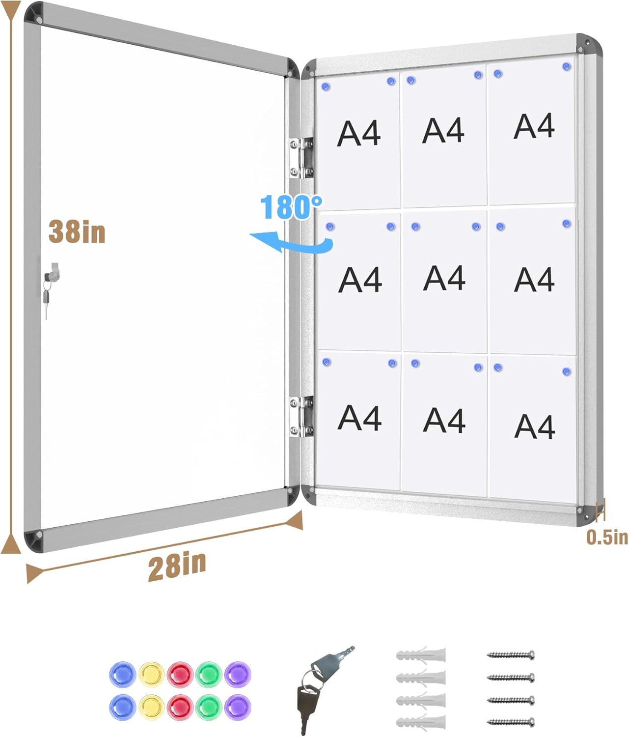 38"x28" Enclosed Bulletin Board, Lockable Weather-Resistant Aluminum Noticeboard for School & Office, Silver Frame w/Magentic Whiteboard