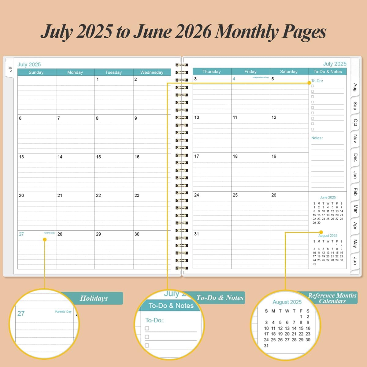 2025-2026 Planner - Academic Planner 2025-2026 from July 2025 to June 2026 with 12 Monthly Tabs, Flexible Cover, Inner Pocket, 8.5" x 11", Rose Leaf