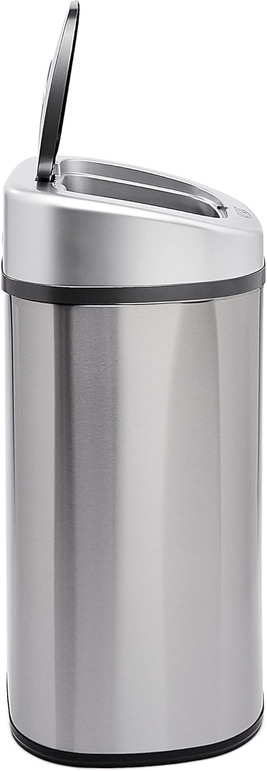Amazon Basics Automatic Trash Can with Lid, Hands-Free, Stainless Steel, D-Shaped 80 l, 2 Bins