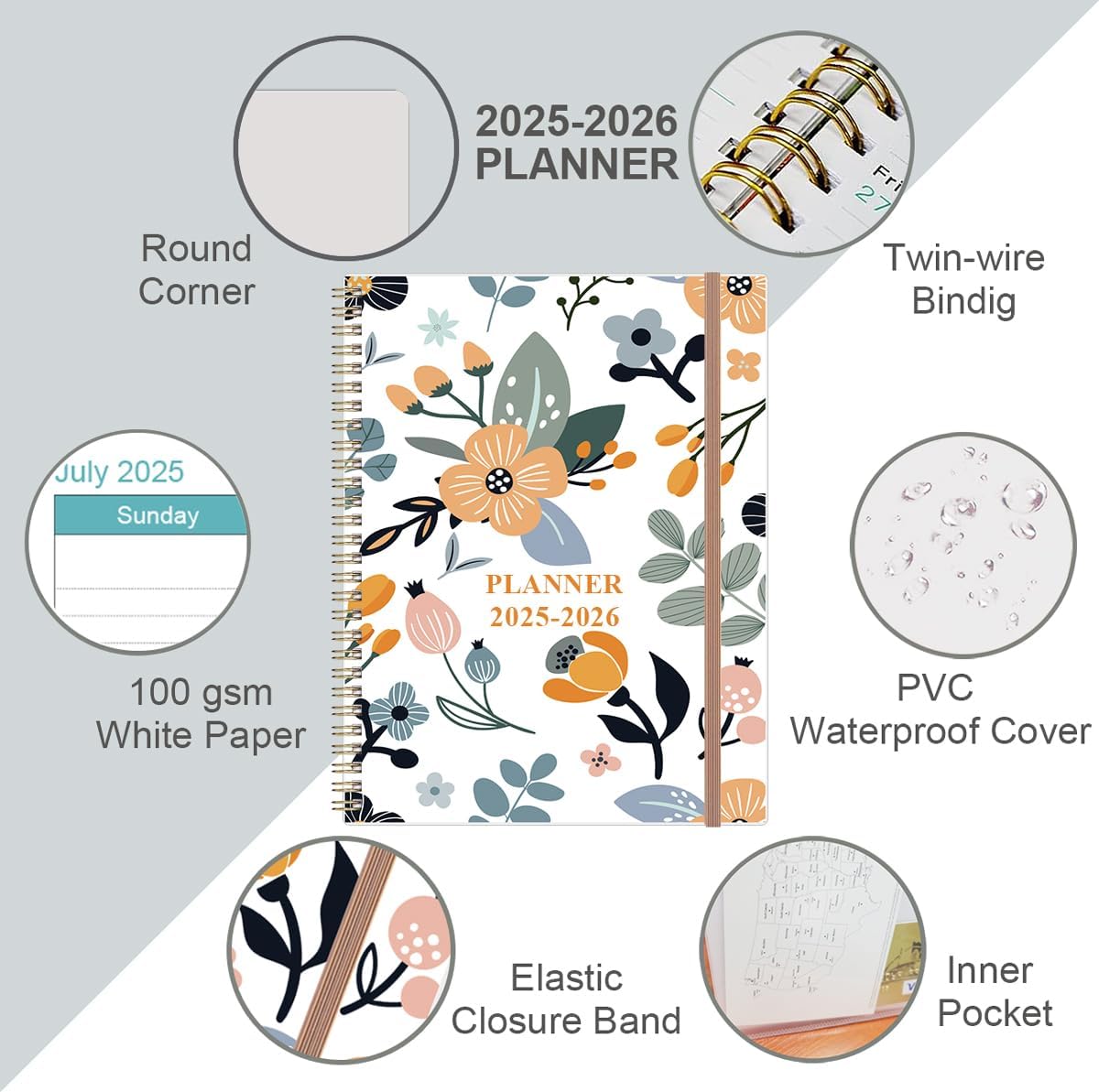 2025-2026 Planner - Planner 2025 from July 2025 to June 2026 with 12 Monthly Tabs, Flexible Cover, Inner Pocket, 8.5" x 11", Rose Floral