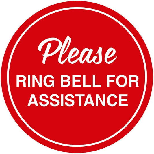 Signs ByLITA Circle Please Ring Bell For Assistance Wall or Door Sign | Easy Installation | Front Desk Reception Sign (Red) - Small (5 Pack)