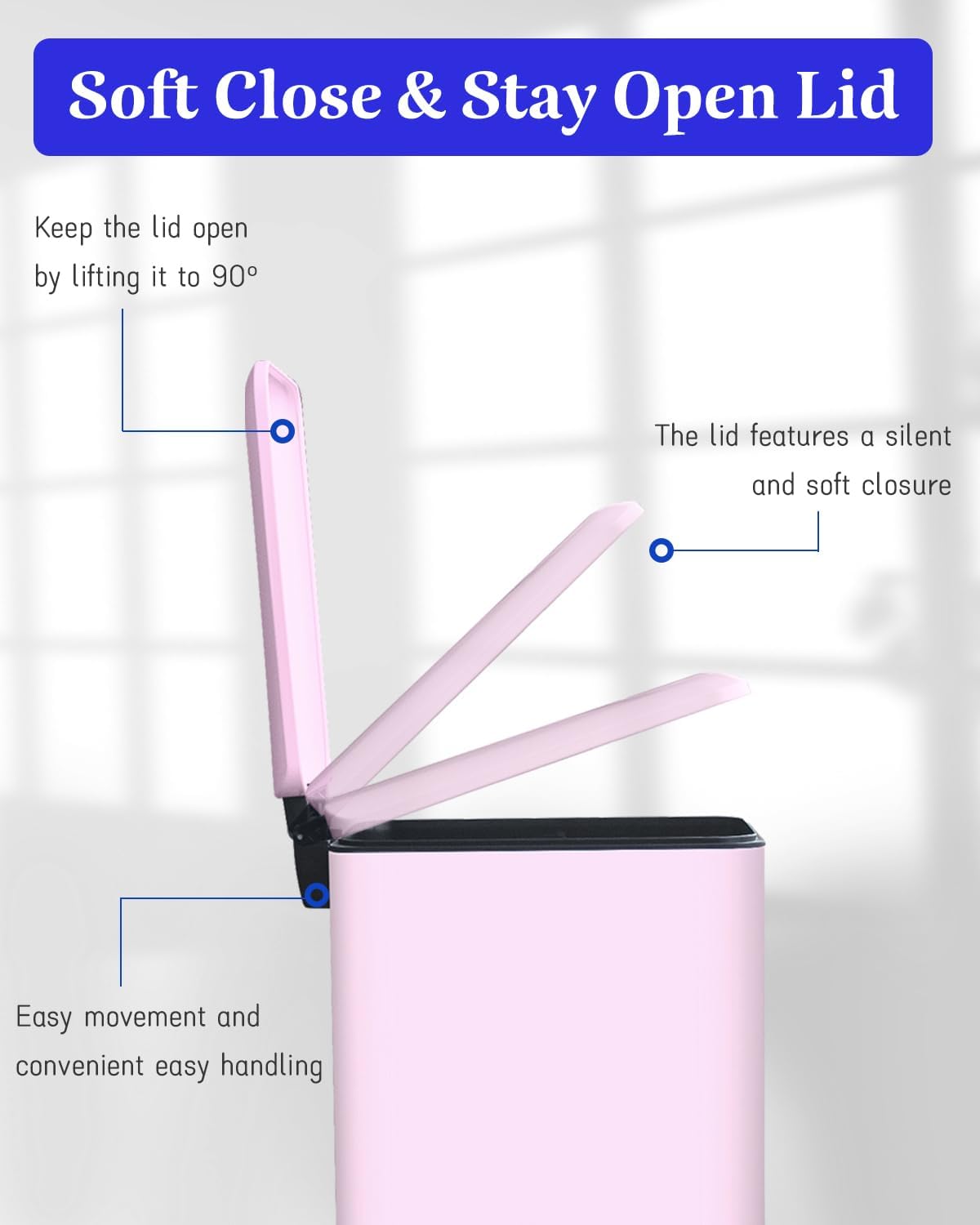 JM.YIPENG 17L Rubbish Bin, Pedal Bin with Lid and Foot Pedal with Inner Bucket, Rectangular Pedal Bin for Living Room, Office, Pink