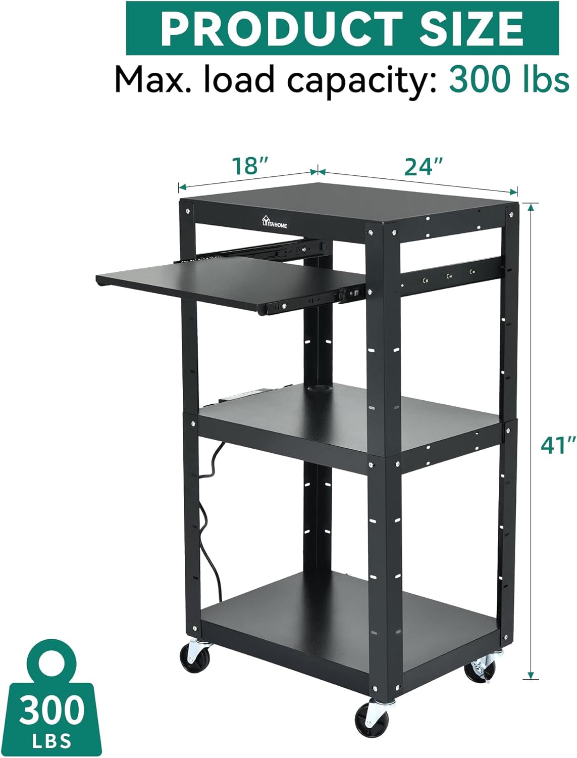 YITAHOME Large AV Cart with 16.4ft Extra-Long Cord, Metal Presentation Cart with Keyboard Tray, Rolling Media Carts with Wheels and Power, 2 Locking Brakes, Easy to Assemble, Black
