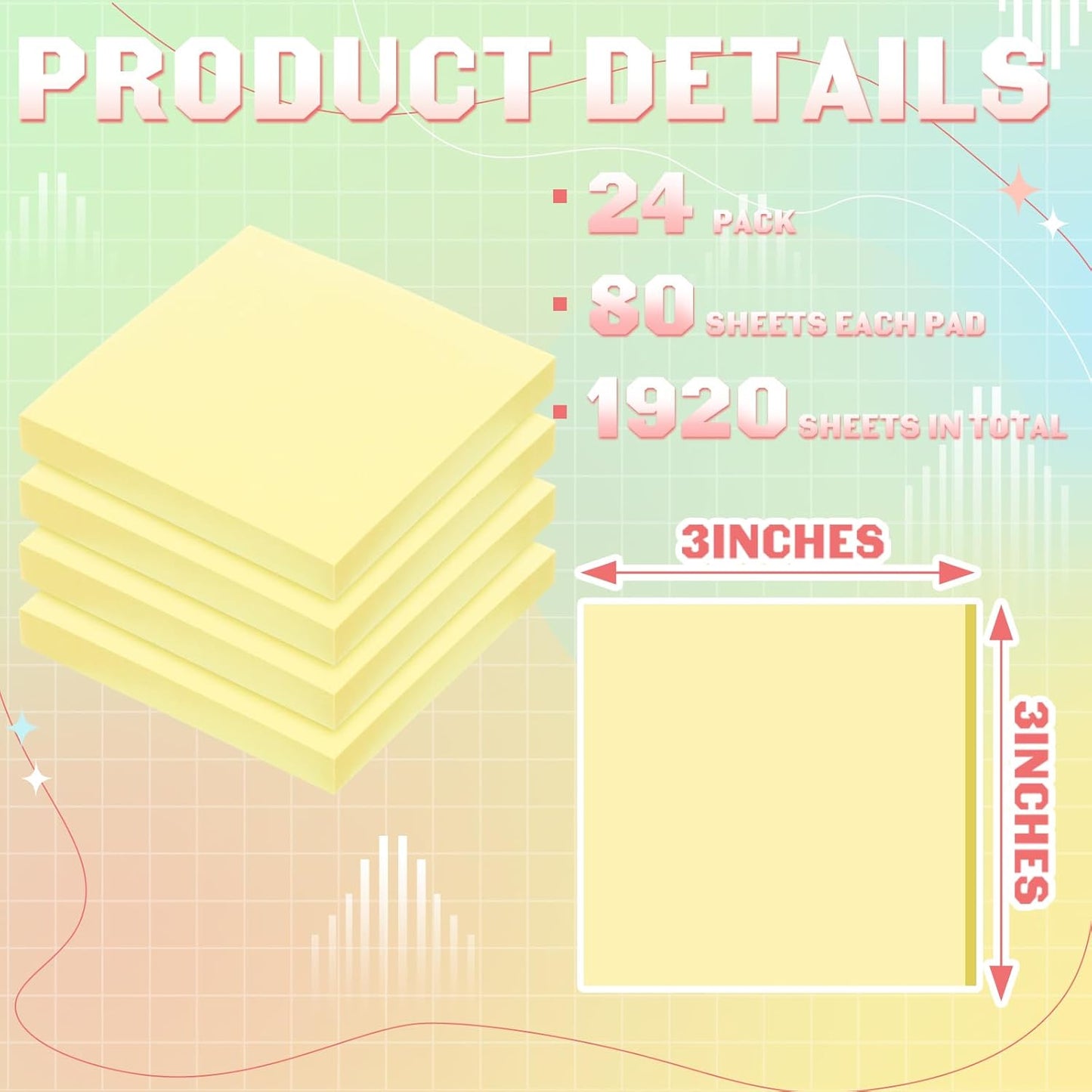 Thenshop 24 Sets Full Adhesive Sticky Notes 3x3 Inches Sticky Notes Adhesive Memo Self-Stick Pads Back to School Supplies Easy to Post for Teacher Coworkers Office 80 Sheets/pad(Yellow,Unlined)