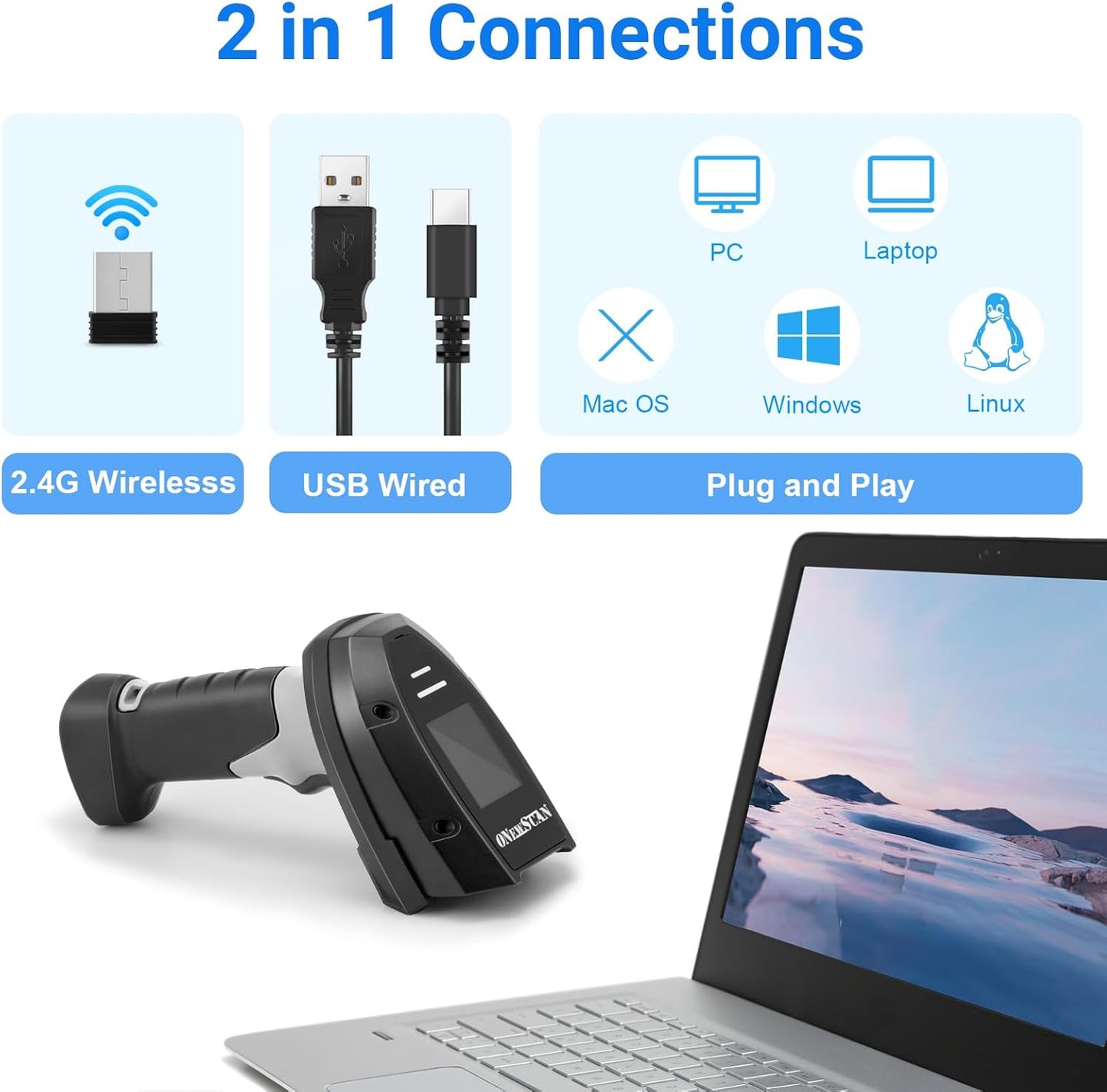 OEWSCAN Barcode Scanner with Screen, Barcode Reader Industrial Pro Version Wireless 1D 2D QR Code Scanner 2.4G Wireless Ultra Long Distance Transmission Handheld Bar Code Scanners with Charging Cradle