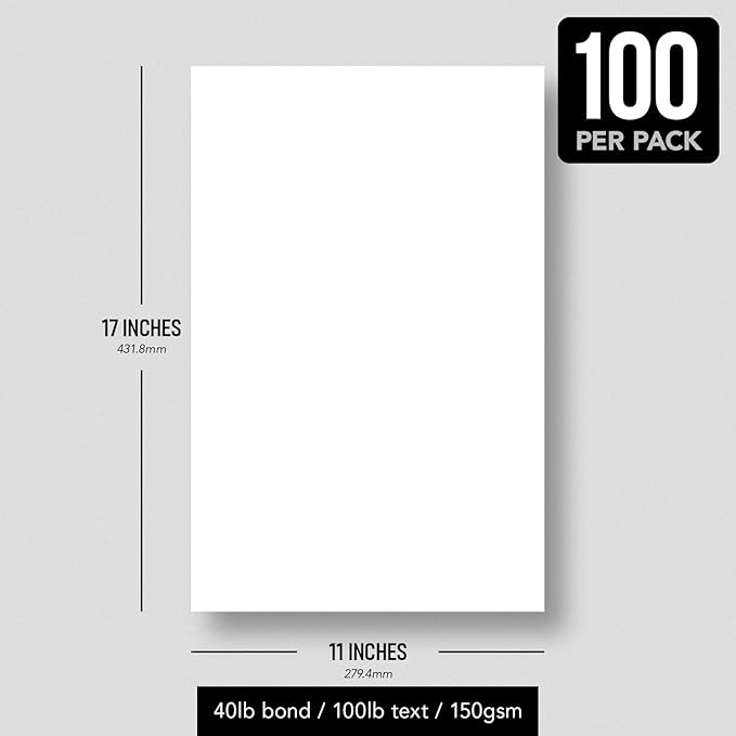 Bright White Paper - Multipurpose Office Print Writing Copy - Flyers, Posters, Design Proposals, Business Documents | 11 x 17 | 100lb Text (40lb Bond) | Acid Free Paper | 100 Sheets per Pack
