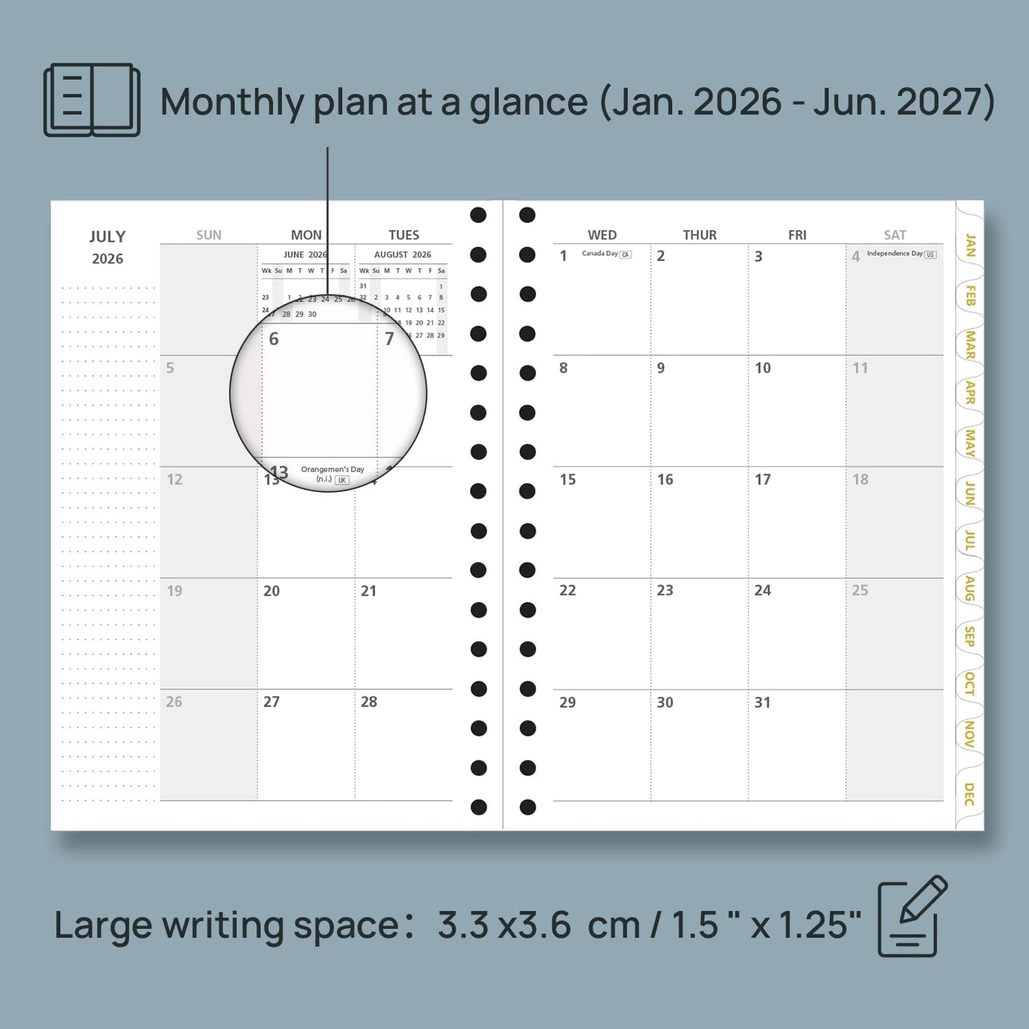 POPRUN Monthly Planner 2026-2027 Spiral Hardcover (6.25'' x 8.5''), 18 Months Calendar (Jan.2026-Jun.2027) - 2 Pages per Month with Dotted Note Pages, Sunday Start, Laminated Tab - Orange
