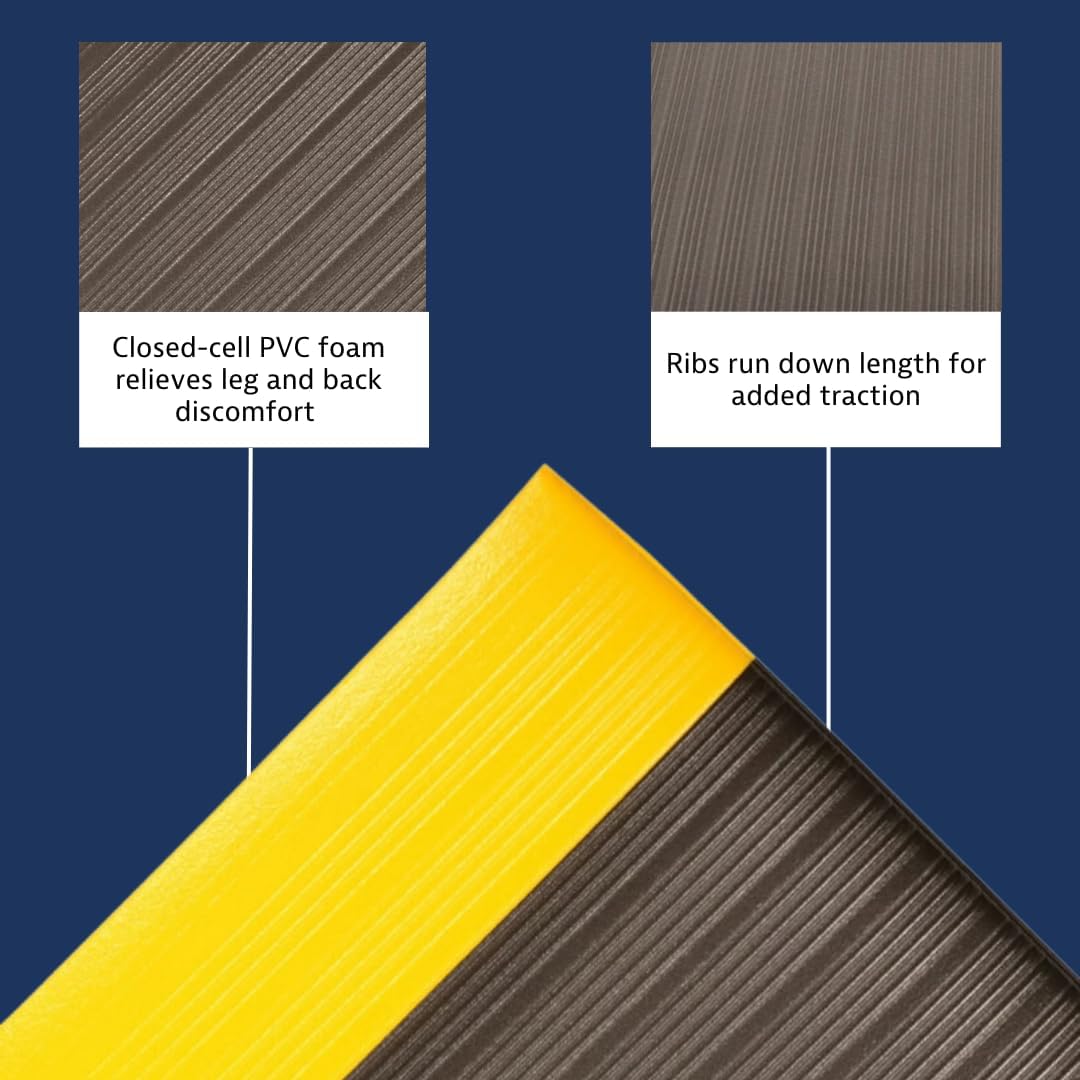 Notrax 410 Airug® 6' x 60' x 3/8" Anti Fatigue Mat, Enhanced Slip Resistance with Beveled Edges and Ribbed Surface, Ideal for Industrial and Commercial Workplaces, Black/Yellow, 410R0372BY