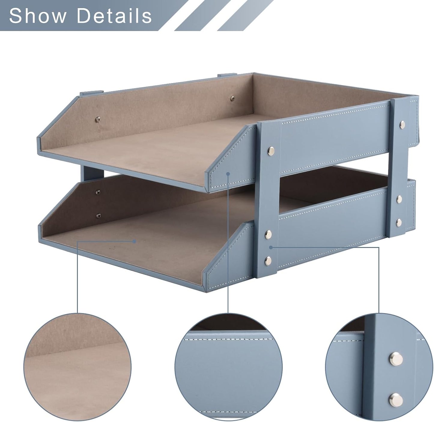 Leather Desk Letter Tray,Office Supplies Paper Organizer for Mail Paper Files Magazines Jewelry Cosmetics,Fashion Letter Holder& 2-Tier Multipurpos Stackable Office Desktop Storage Box,Grey