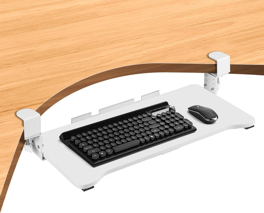 VUSIGN Keyboard Tray Under Desk Height Adjustable,Pull Out with Adjustable C Clamp Mount System for L-Shaped Tables, Extra Sturdy, 26.4” x 11.8” Slide-Out Platform Computer Drawer for Typing,White