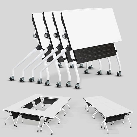 Conference Table, Folding Conference Room Tables, Mobile Training Tables with Silent Wheels, Large Rectangular Modular Seminar Table Office Computer Desks for Classroom White (4Pack L55.1in)
