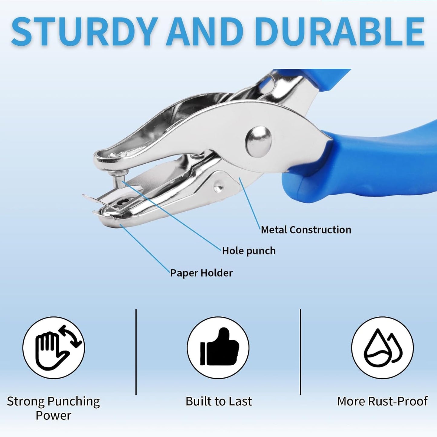 Single Hole Punch, 2 Pcs Hand Hole Puncher with Soft Grip Handle, 1/4" and 1/8" Small Hole Paper Punch for Crafts, Scrapbooks, 6 Sheets Capacity, Tags, Tickets - Blue