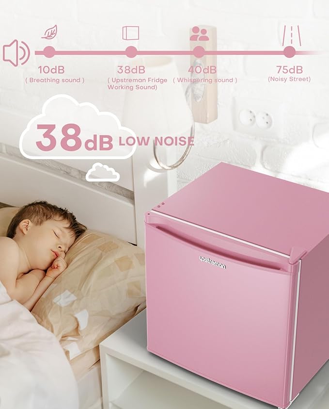 Upstreman 1.7 Cu.ft Mini Fridge with Freezer, Dorm Essentials, Adjustable Thermostat, Energy Saving, Low Noise, Single Door Compact Refrigerator for Dorm, Office, Bedroom, Pink-FR17
