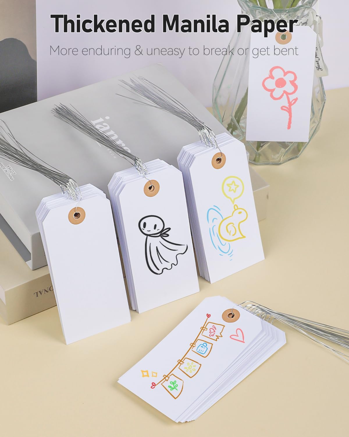 Uniclife 100 Pcs Manila Tags White Blank Shipping Tags with Wire Attached 4.7 Inch Paper Tags Hang Tags with Reinforced Eyelet Large Marking Tags Writable Price Tags Inventory Label Tags, 4.7" x 2.36"