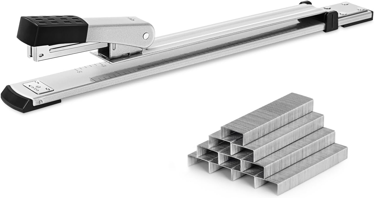 Deli Long Reach Stapler with 1000 Staples, 20 Sheet Capacity, Long Arm Standard Staplers for Booklet or Book Binding, Silver