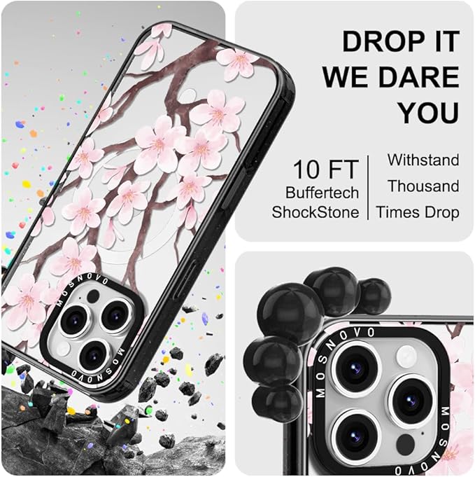 MOSNOVO Magnetic Case for iPhone 16 Pro Max, 10ft Military-Grade Protection, Compatible with Magsafe, Shockproof Phone Case for iPhone 16 Pro Max - Cherry Blossom - Clear Black