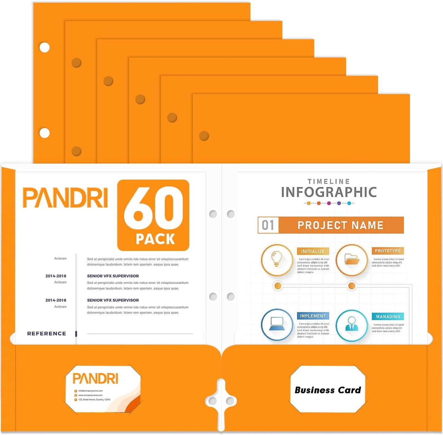 Two Pocket Portfolio Folders, PANDRI 60 Pack 3 Hole Punched 2 Pocket Folders for 3 Ring Binder, Letter Size Paper File Folder for School Office Home Business, Orange