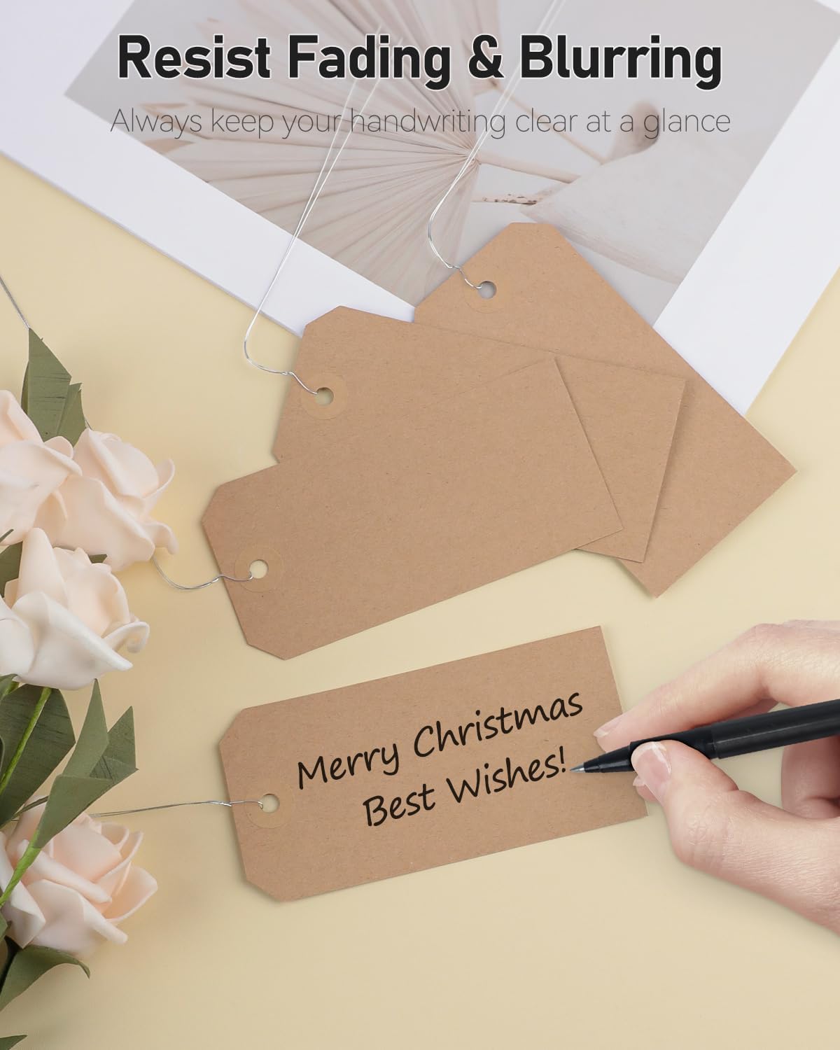 Uniclife 100 Pcs Blank Shipping Tags with Wire Attached 4.7 Inch Writable Brown Kraft Paper Tags Hang Tags with Reinforced Eyelet Large Marking Tags Price Tags Inventory Label Tags, 4.7" L x 2.36" W