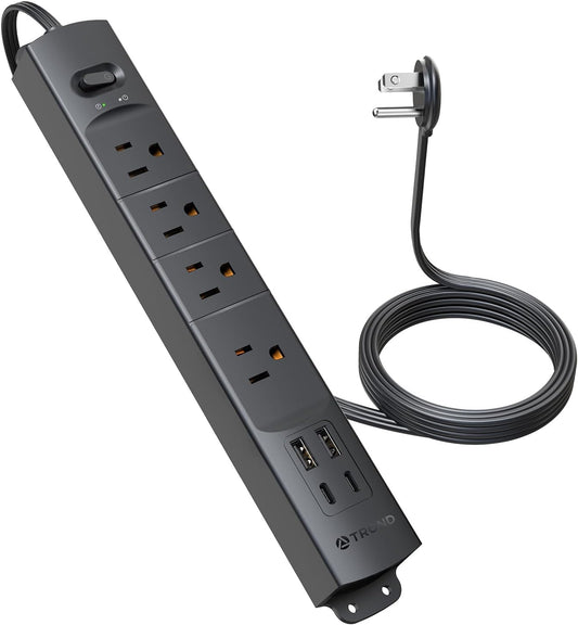 TROND Flat Plug Power Strip USB-5ft Flat Extension Cord Surge Protector Wall Mount, 2 Type C & 2 USB A Ports with Multiple Outlets, 1440J, 1625W for Office Supplies Dorm Room Essentials, Black
