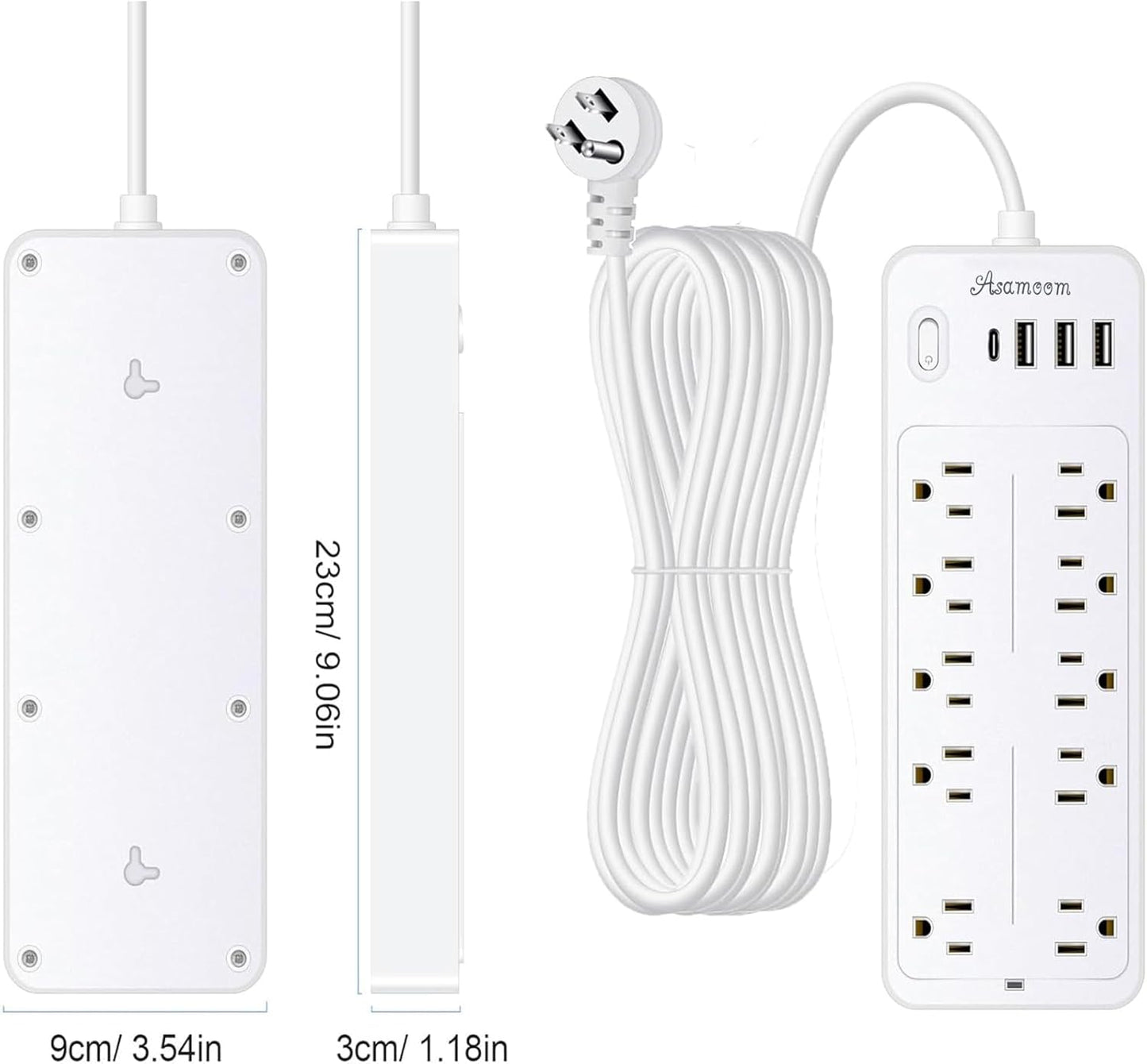 25 FT Power Strip with Surge Protection 1625W/13A, 14 Outlets and 4 USB Ports (1 USB-C), 16AWG, 1700J Flat Plug, White, ETL Listed