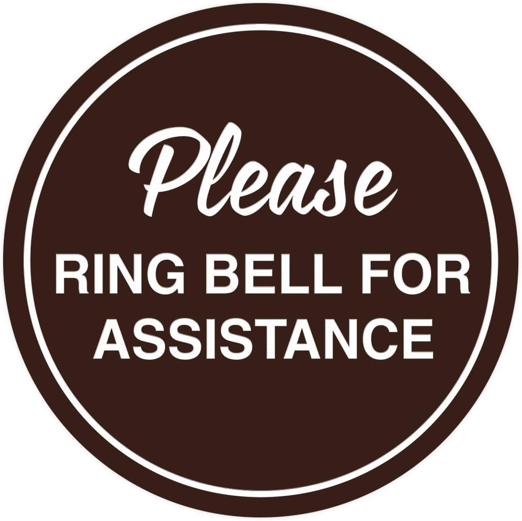 Signs ByLITA Circle Please Ring Bell For Assistance Wall or Door Sign | Easy Installation | Front Desk Reception Sign (Dark Brown) - Medium (1 Pack)
