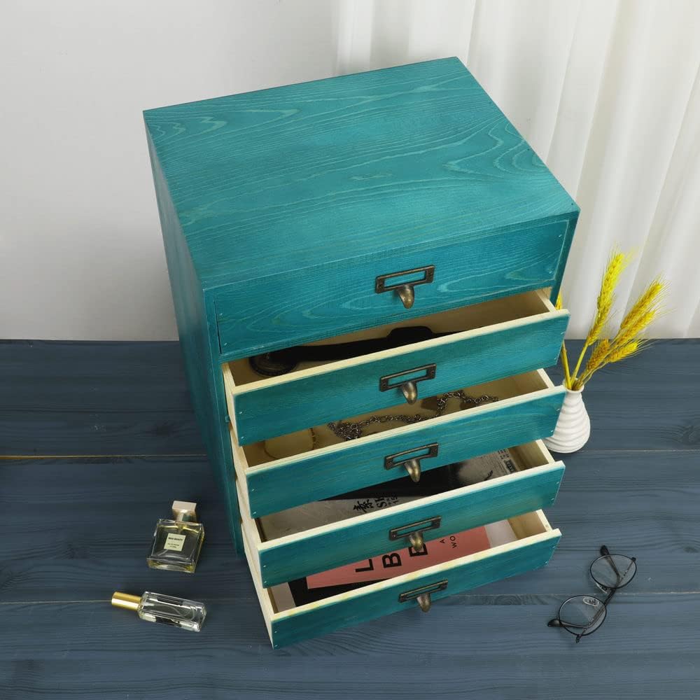 Large Wooden Drawers Rustic Desk Organizers and Accessories Wooden Storage Dox with Drawer Paper Storage Drawers Wood File Organizer Library Card Catalog Cabinet Apothecary Cabinet (L-BLUE)