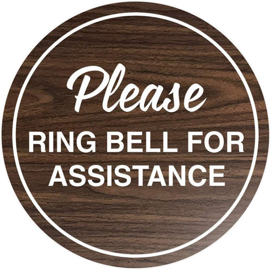 Signs ByLITA Circle Please Ring Bell For Assistance Wall or Door Sign | Easy Installation | Front Desk Reception Sign (Walnut) - Medium (2 Pack)