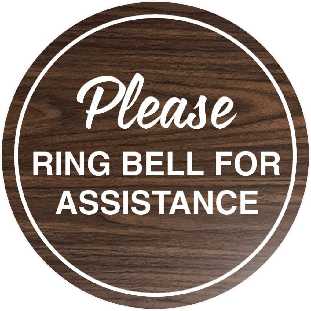 Signs ByLITA Circle Please Ring Bell For Assistance Wall or Door Sign | Easy Installation | Front Desk Reception Sign (Walnut) - Large (10 Pack)