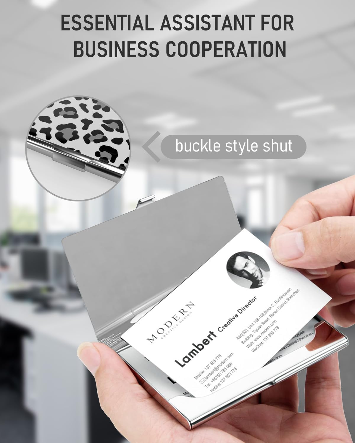 Business Card Metal Slim Organizer, Professional Stainless Steel Square Pocket Wallet for Office Workers, Compact and Portable for Pockets (Snow Leopard