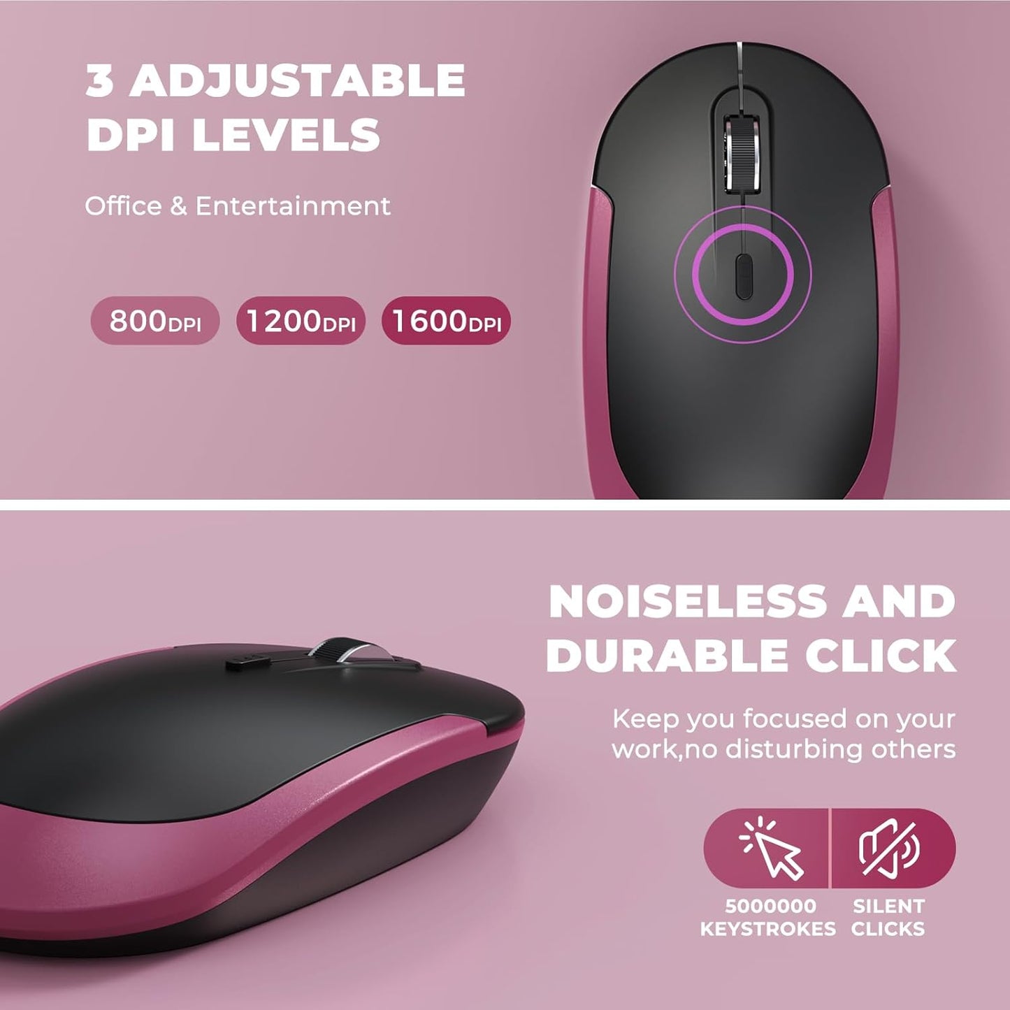 Wireless Keyboard and Mouse, Vssoplor 2.4GHz Rechargeable Compact Quiet Full-Size Keyboard and Mouse Combo with Nano USB Receiver for Windows, Laptop, PC, Notebook-Black and Wine Red