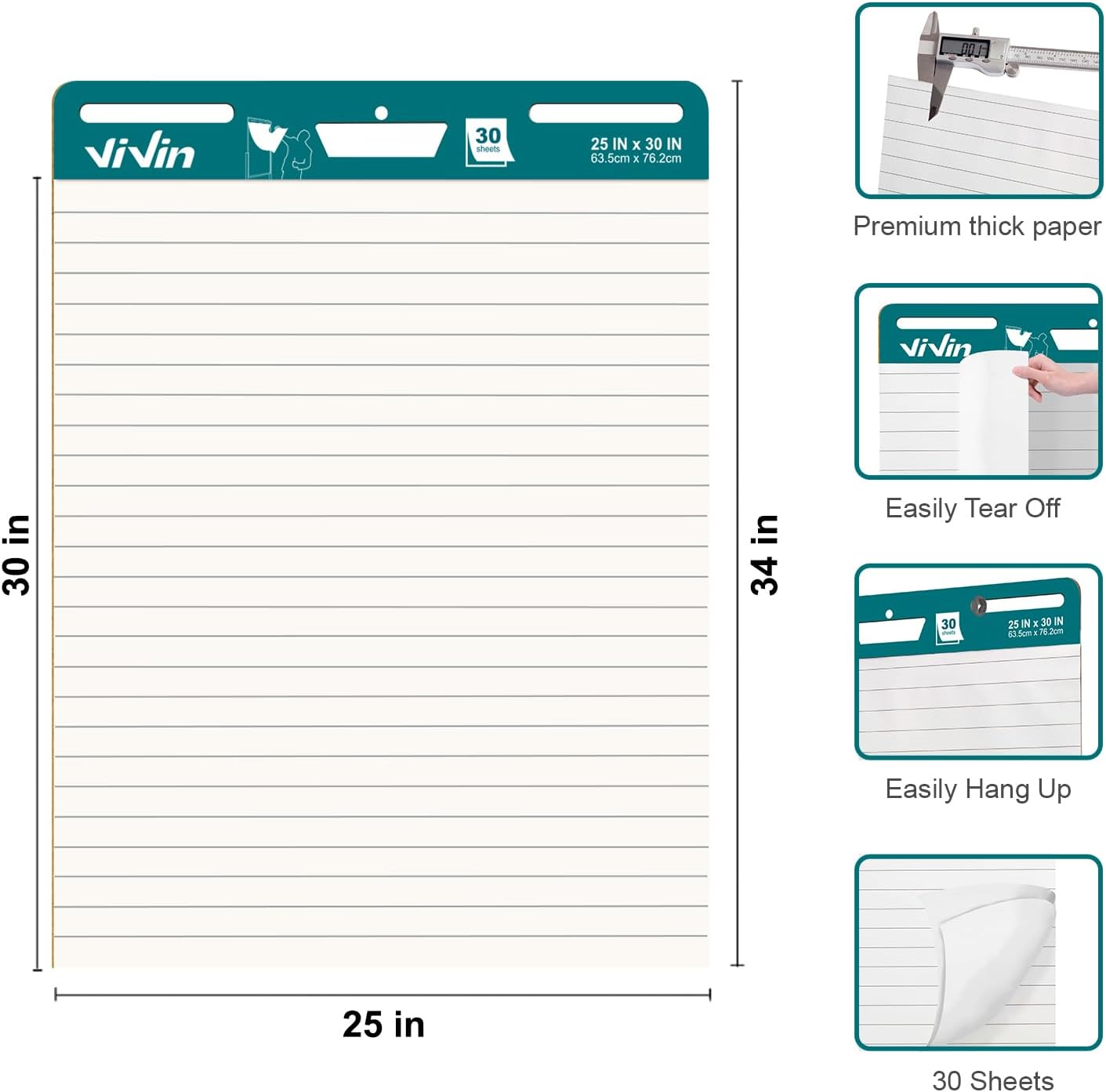 ViVin Lined Sticky Easel Pad, 25 x 30 Inches Flip Chart Paper for Teachers and Students, Large Self Stick Easel Paper, Teacher Anchor Chart, 30 Sheets/Pad, 10 Pads/Pack