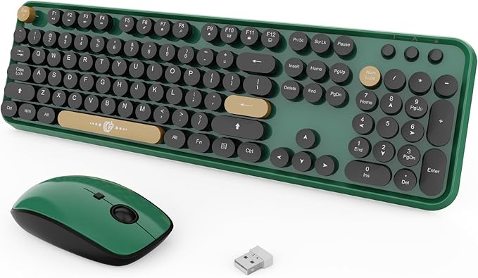 FOPETT Wireless Keyboard and Mouse Combo, 104 Keys Full-Sized 2.4 GHz Round Keycap Colorful Keyboards, USB Receiver Plug and Play, for Windows, Mac, PC, Laptop, Desktop (Black Green)