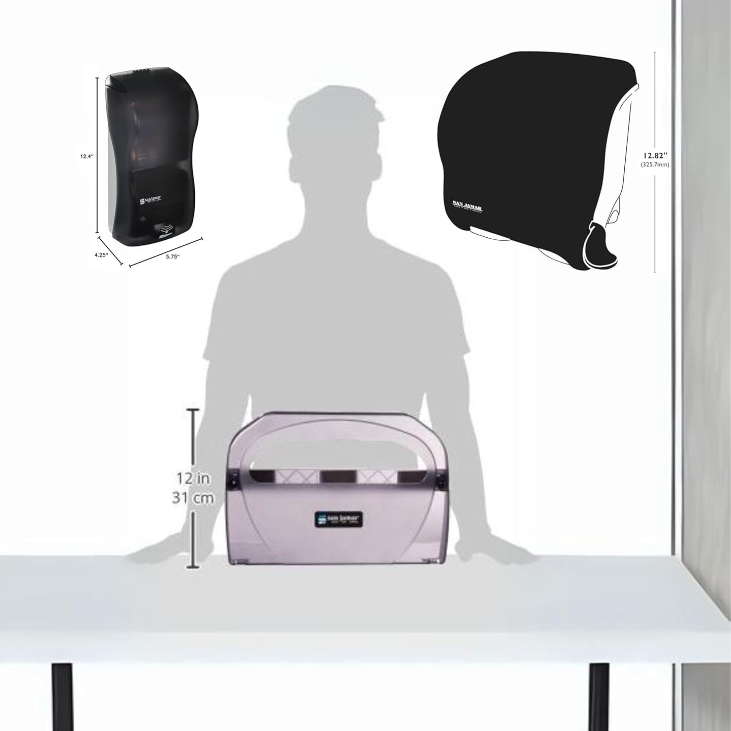 San Jamar Classic Black Pearl Set – Hybrid Soap & Sanitizer Dispenser (900 ml), Toilet Seat Cover Dispenser, and Commercial Paper Towel Roll Dispenser for Bathrooms