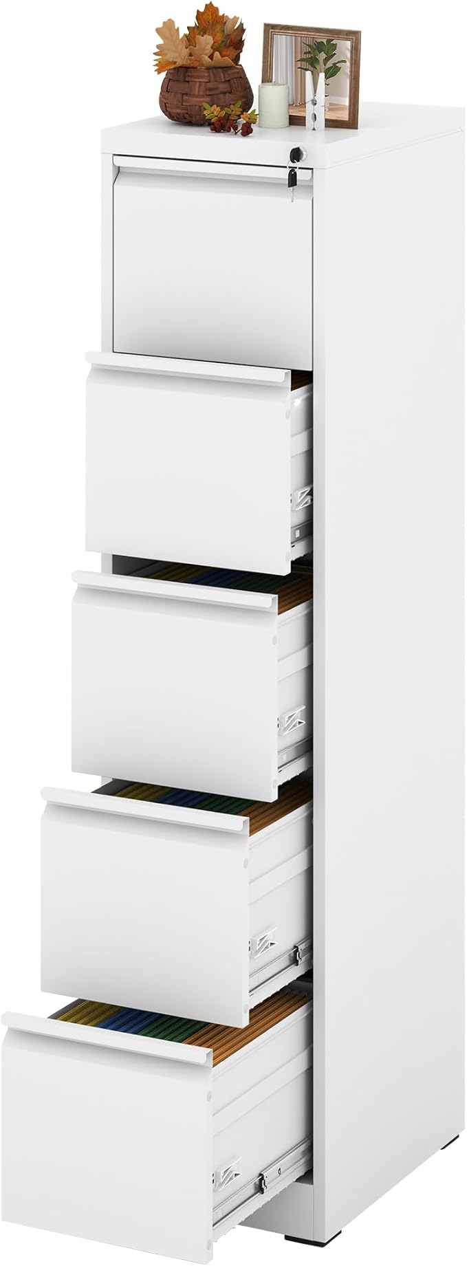 5 Drawer File Cabinet with Lock, Vertical Filing Cabinets for Home Office, Locking File Cabinet Hanging Files for A4/ Legal/Letter, Require Assembly, White