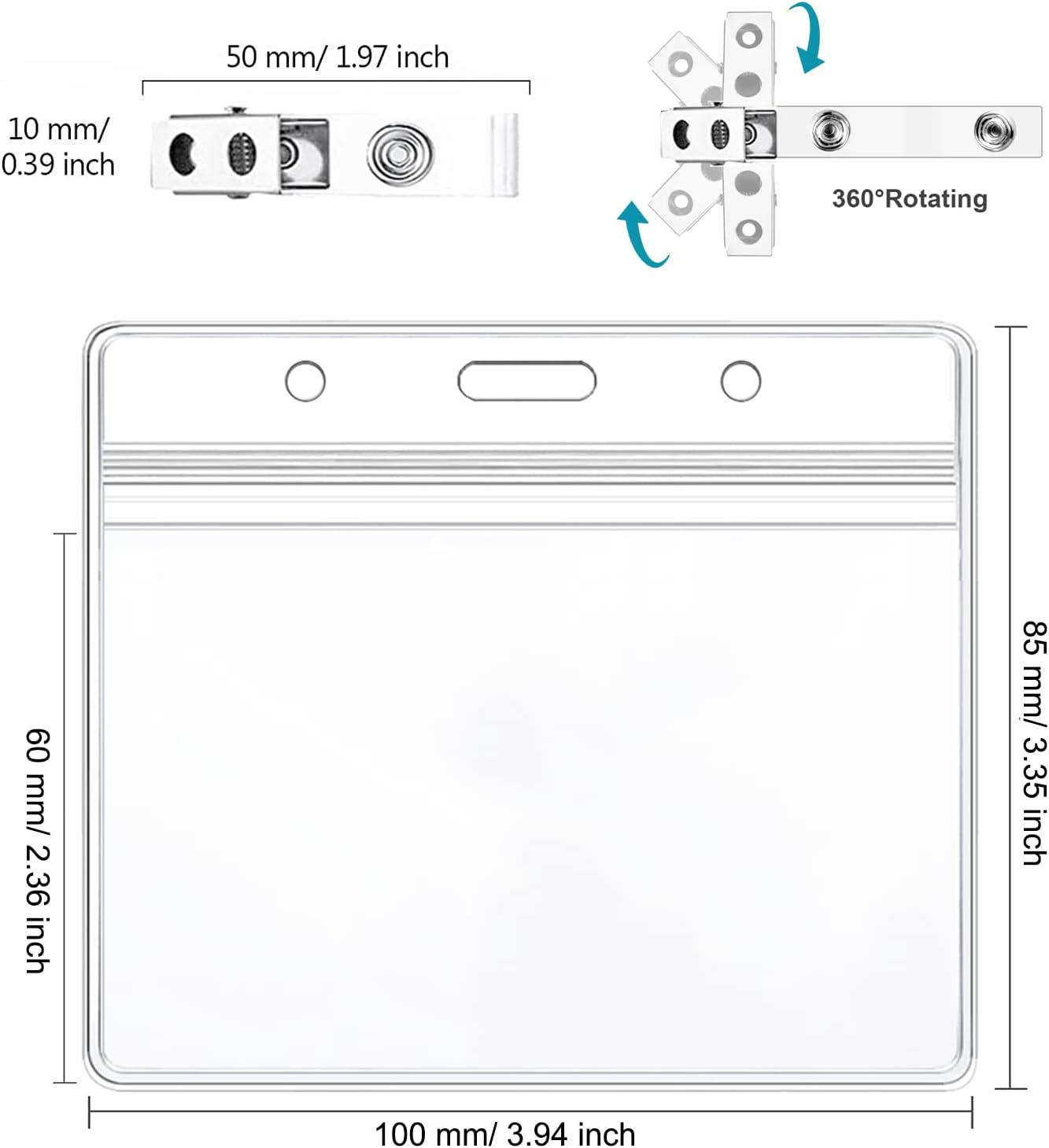 100 Pack Name Badge Holder with Clear PVC Horizontal Badge Holder and Metal Badge Clip Waterproof Resealable Zipper Seal Name Holder Tags