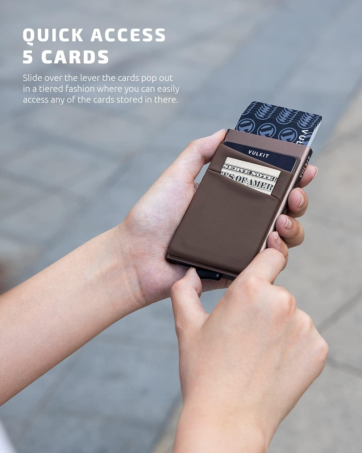 VULKIT Card Holder with Money Pocket Pop Up Wallet RFID Blocking Slim Metal Bank Card Case Holds 5 Cards and Notes