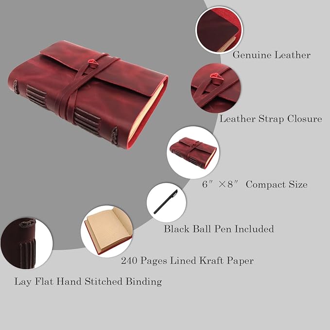 Red Notebook Journal - Nice Genuine Leather Journaling for writers A5 Size Diary 6.2x8.5 Inch,Notepad For Women,Man,Vintage,Gifts,Work,Traveler,Personal,Wine Red