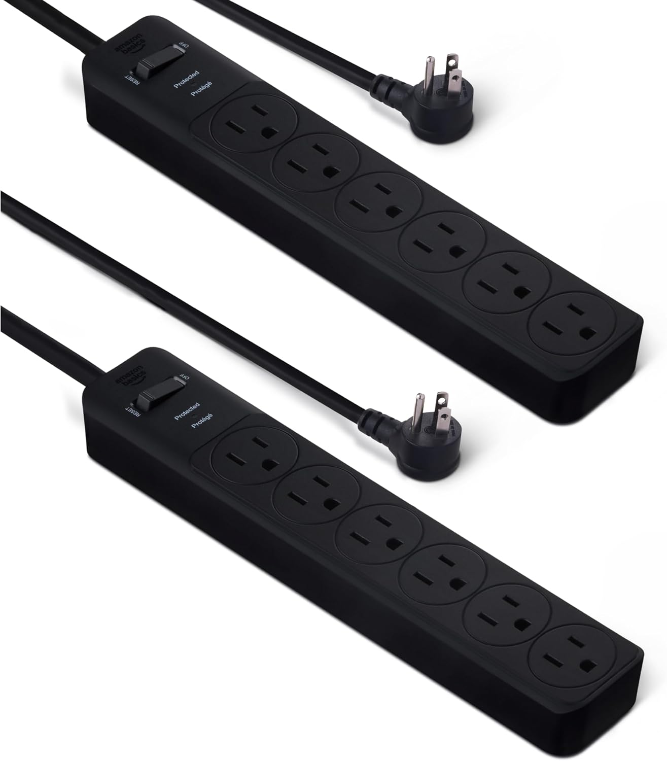 Amazon Basics Rectangle 6-Outlet, 600 Joule Surge Protector Power Strip, 2ft, Black, Small, 2-Pack