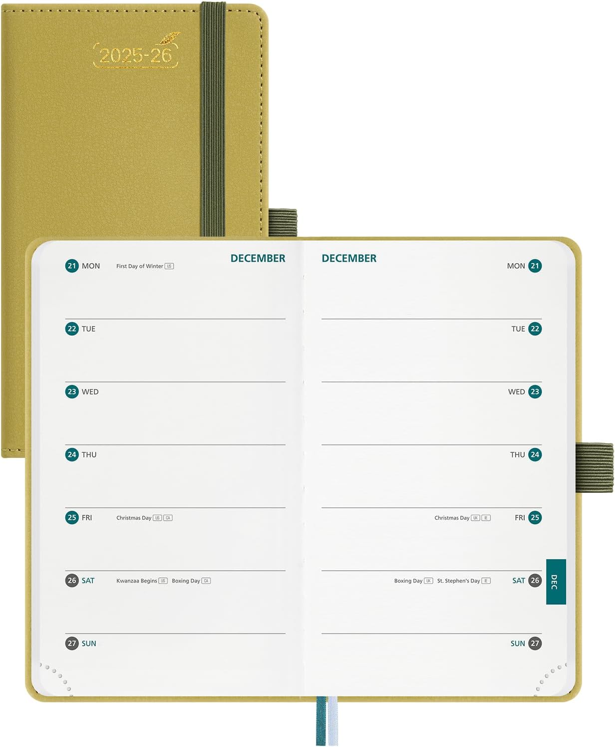 BEZEND Pocket Planner 2025-2026 Weekly with 2 Columns, 18-Month Academic Calendar (Jul 25-Dec 26), Life Work Appointment, Storage Pocket, Pen Holder, PU Leather Hardcover 3.5" x 6" - Mustard