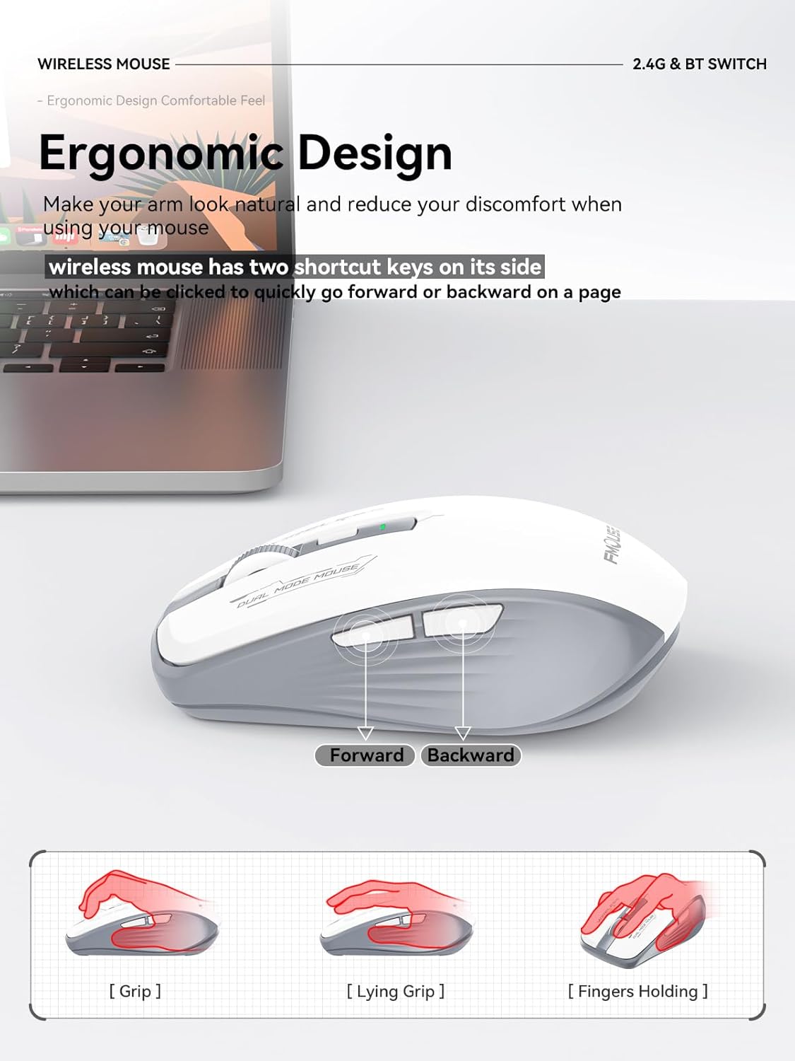 Wireless Mouse (Bluetooth & 2.4GHz USB) with Forward/Backward Side Keys, Silent Click, Ergonomic Portable AA Battery Mice for Laptop/Mac/iPad - Office & Travel Use, White & Grey